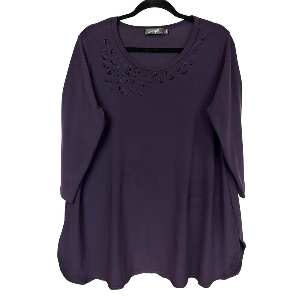 Sympli Purple 3 4 Sleeve Floral Cutout Scoop Neck Side Slit Tunic Top 18 20